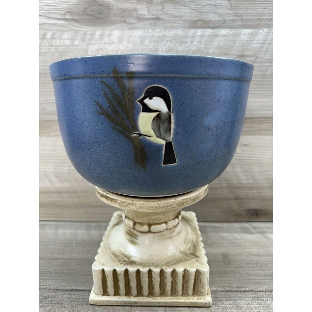 POD Studio Art Pottery Blue Chickadee Bowl/Planter 8" Edgecomb Maine Signed Vtg